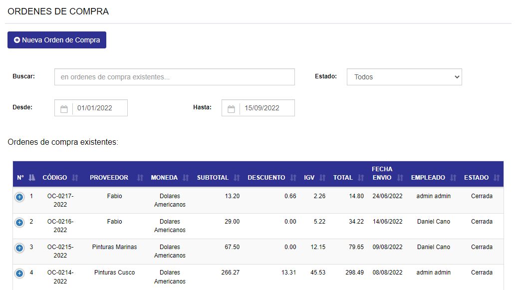 Interfaz de órdenes de compra en GEXTIONA - Control de ingresos y egresos